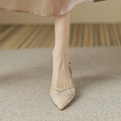 Lace Pointed Stiletto New Back Empty Women's Shoes Low Heel Pumps
