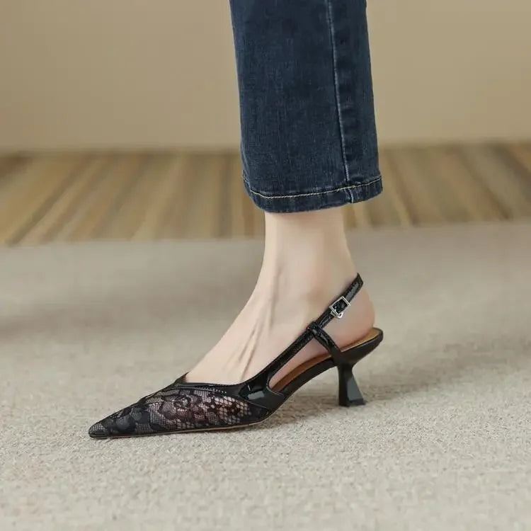 Lace Pointed Stiletto New Back Empty Women's Shoes Low Heel Pumps