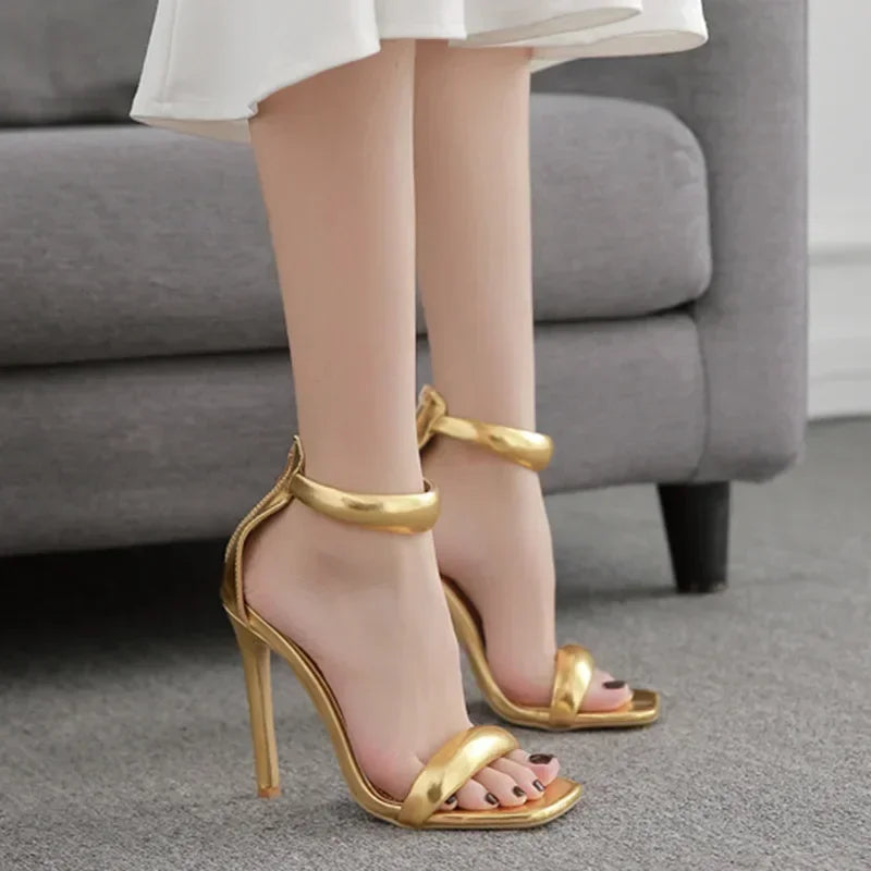 Elegant Simple Peep Toe Thin High Heel Back Zipper Gold Wedding High Heel