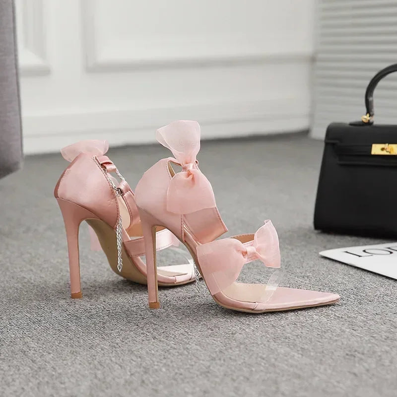 mesh butterfly-knot pointed peep toe cover heel Thin high heel High Heel