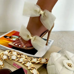 mesh butterfly-knot pointed peep toe cover heel Thin high heel High Heel