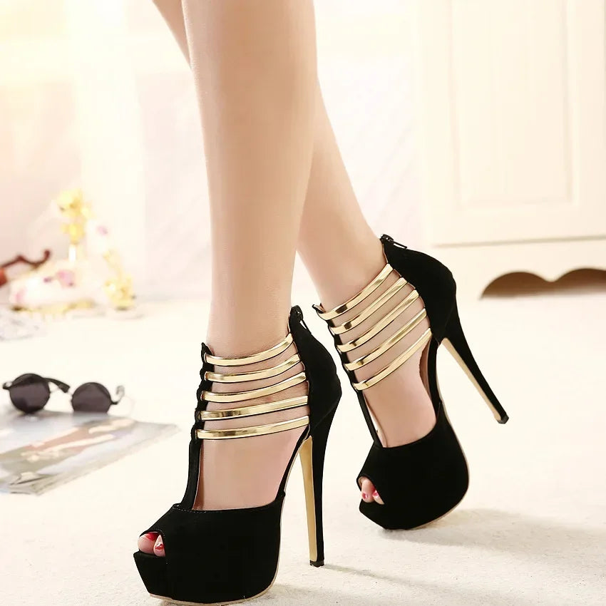 Sleek Open Toe Platform Narrow Band Hollow Elegant High Heel
