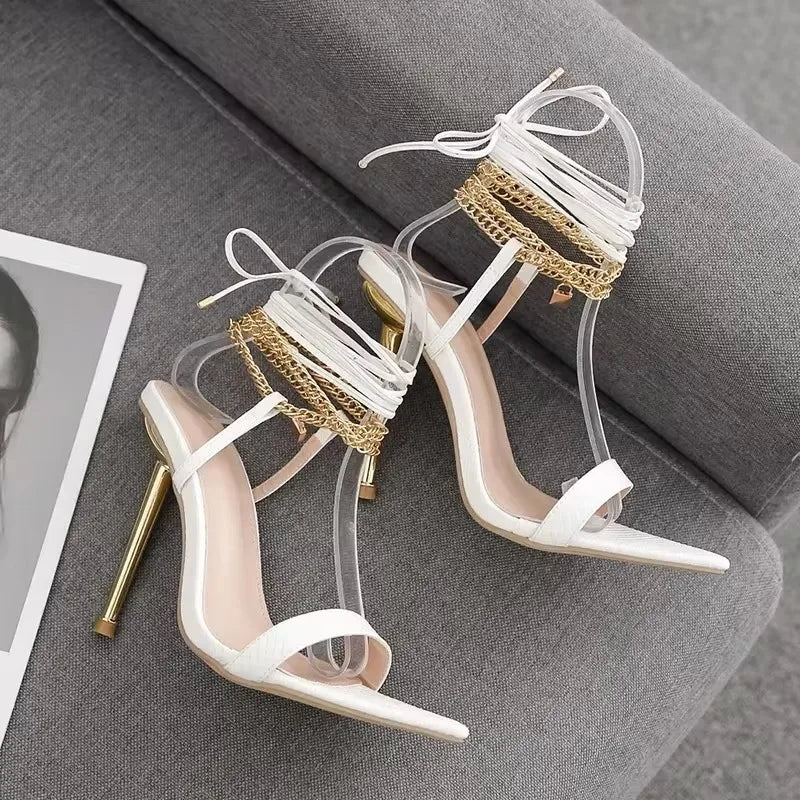 Trendy Peep Toe Pointed Head High Heel Chain Ankle Straps High Heel