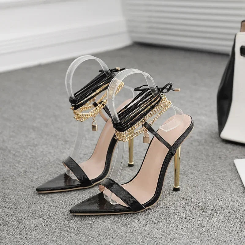 Trendy Peep Toe Pointed Head High Heel Chain Ankle Straps High Heel