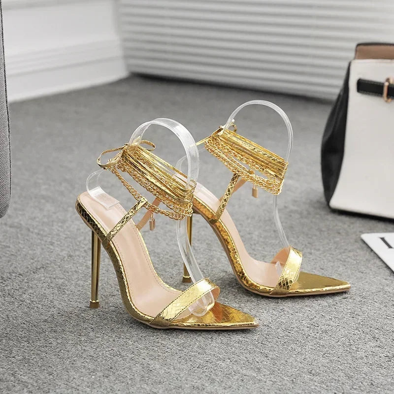 Trendy Peep Toe Pointed Head High Heel Chain Ankle Straps High Heel