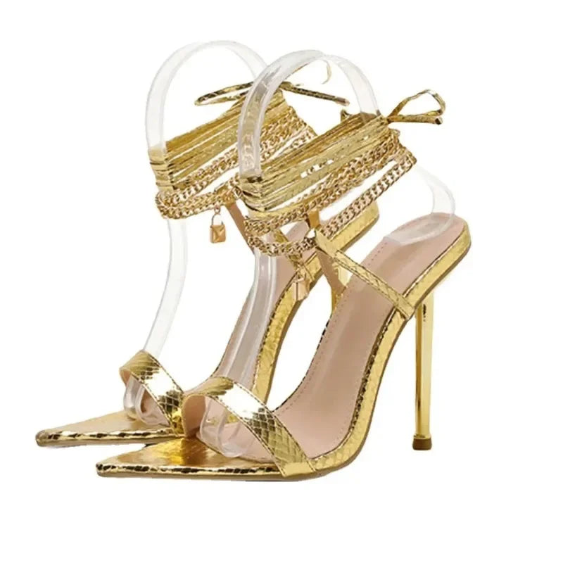 Trendy Peep Toe Pointed Head High Heel Chain Ankle Straps High Heel