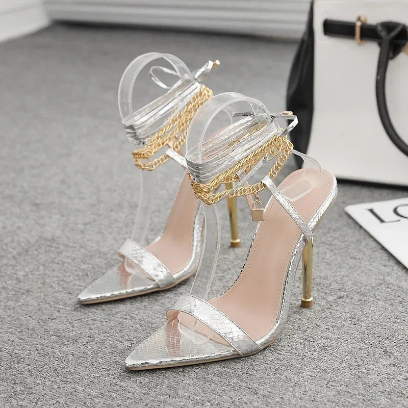 Trendy Peep Toe Pointed Head High Heel Chain Ankle Straps High Heel