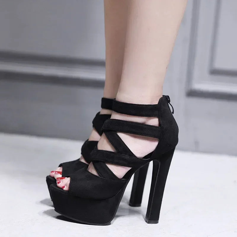 Peep Toe Suede Cross Band Ankle Strap Ultra High Heel High Heel
