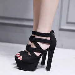 Peep Toe Suede Cross Band Ankle Strap Ultra High Heel High Heel
