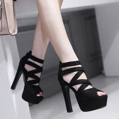 Peep Toe Suede Cross Band Ankle Strap Ultra High Heel High Heel