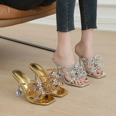 peep toe transparent square head glitter rhinestones butterfly knot party High Heel