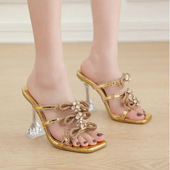 peep toe transparent square head glitter rhinestones butterfly knot party High Heel