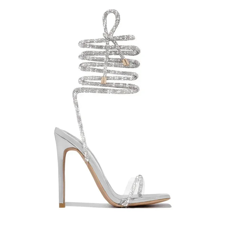 Peep Toe High Heel Square Head Rhinestone Thin Band Comfort High Heel