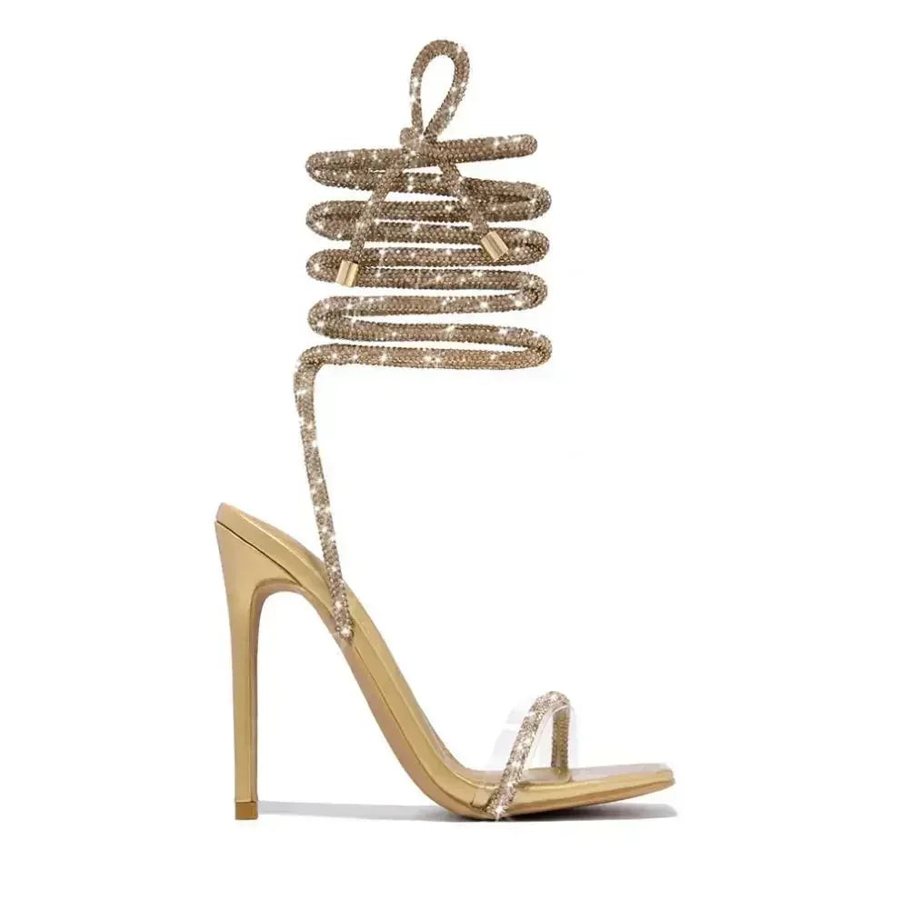 Peep Toe High Heel Square Head Rhinestone Thin Band Comfort High Heel