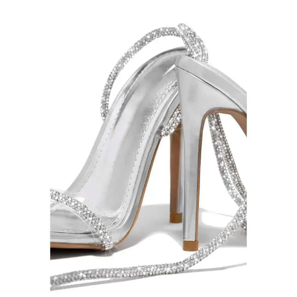 Peep Toe High Heel Square Head Rhinestone Thin Band Comfort High Heel
