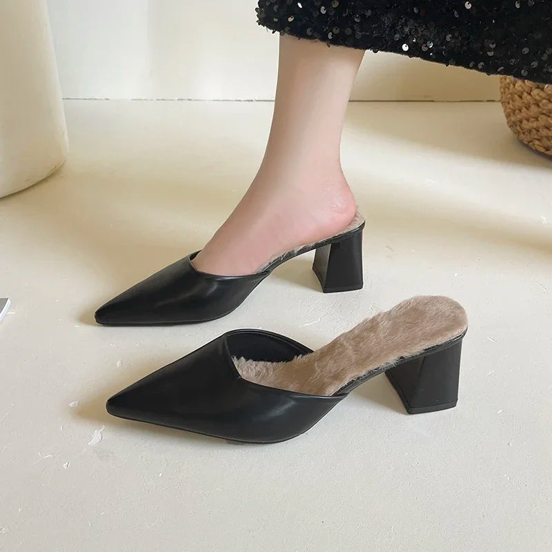Pointed Toe Plush Warm Closed Toe Comfortable Slippers Low Heel Pumps