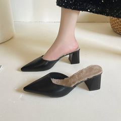 Pointed Toe Plush Warm Closed Toe Comfortable Slippers Low Heel Pumps