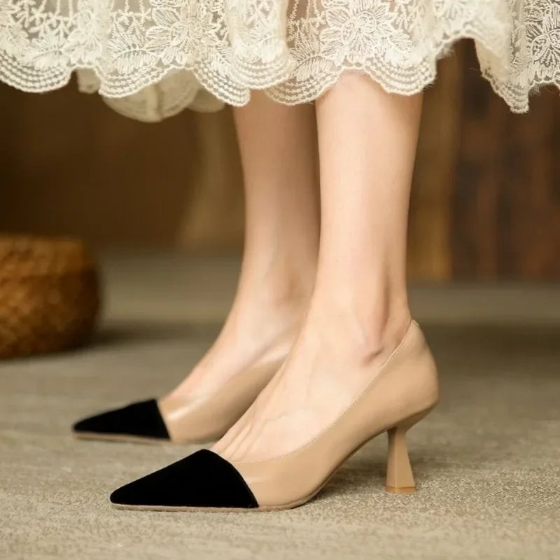 Pointed Elegant Korean Apricot Black Color Block High Low Heel Pumps