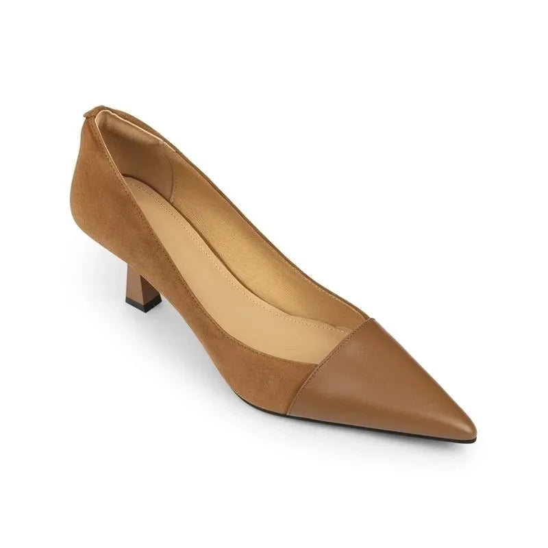 Pointed Elegant Korean Apricot Black Color Block High Low Heel Pumps