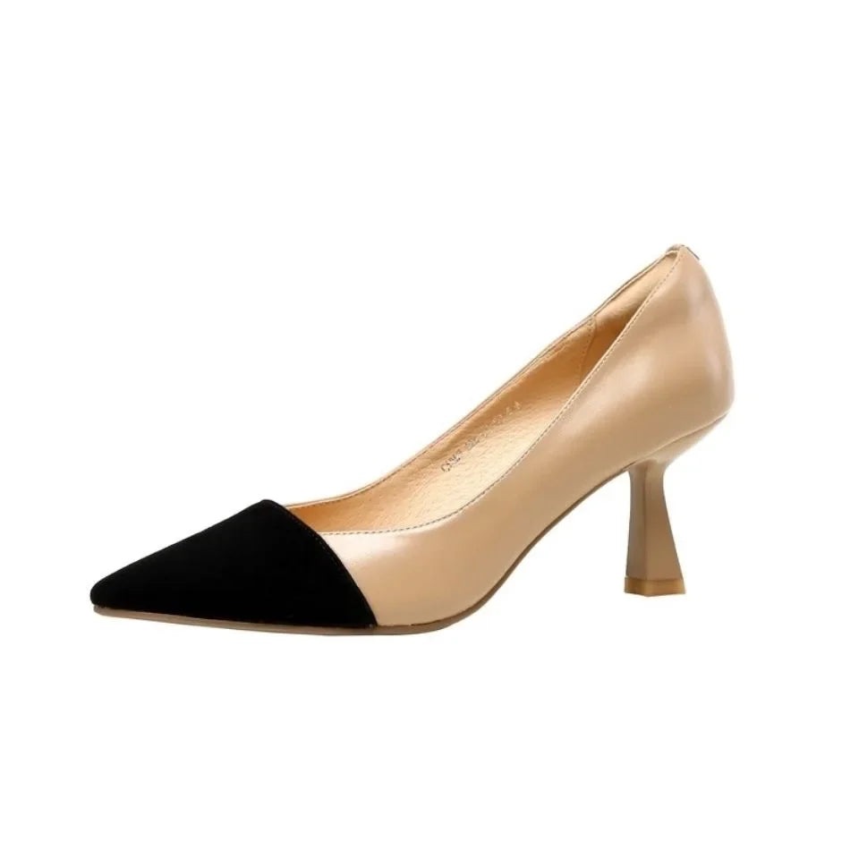 Pointed Elegant Korean Apricot Black Color Block High Low Heel Pumps