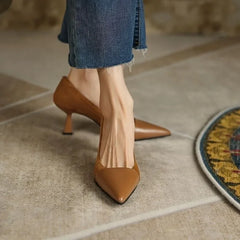 Pointed Elegant Korean Apricot Black Color Block High Low Heel Pumps