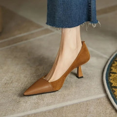 Pointed Elegant Korean Apricot Black Color Block High Low Heel Pumps