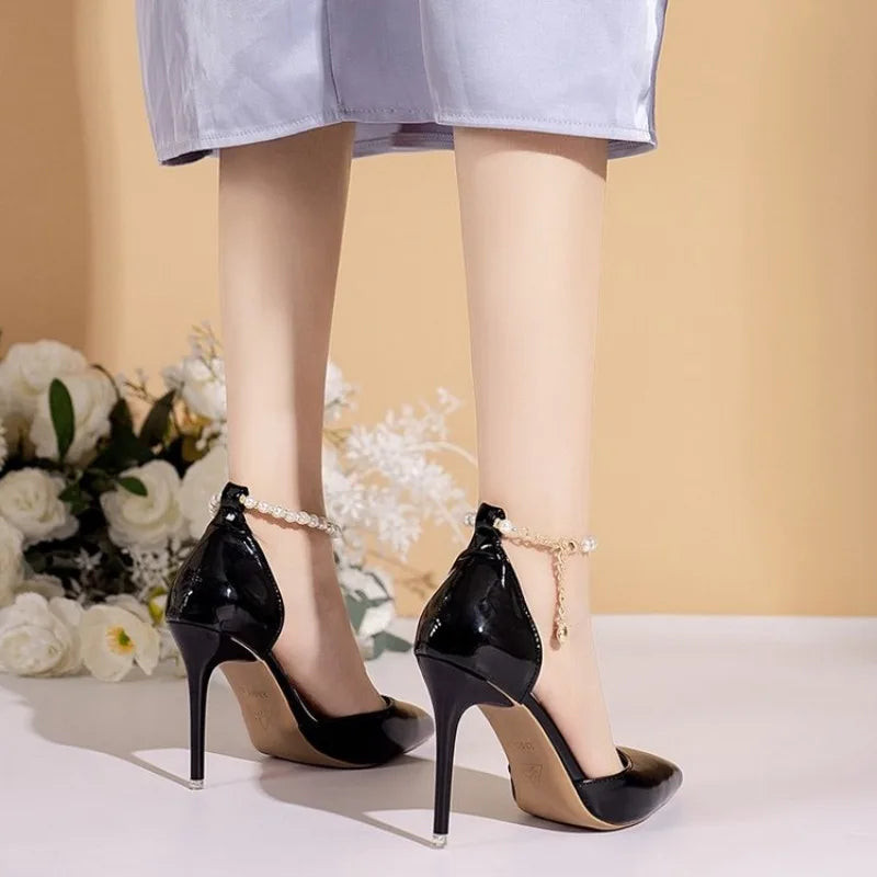 Bead Patent Leather Ankle Strap Pointed Toe Customizable High Heel