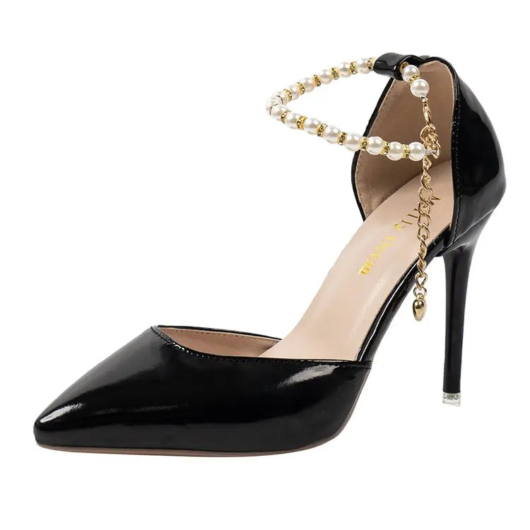 Bead Patent Leather Ankle Strap Pointed Toe Customizable High Heel