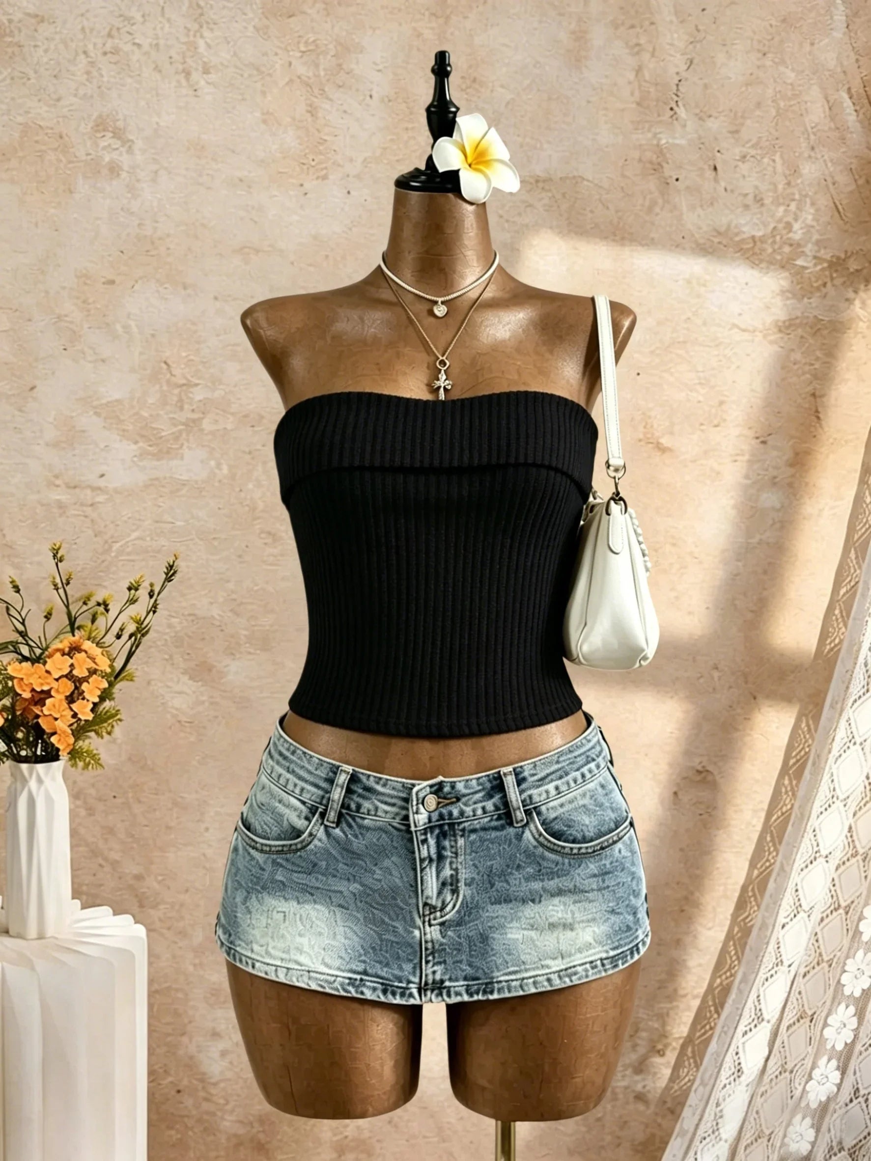 Black Ribbed Knit Strapless Bandeau Top
