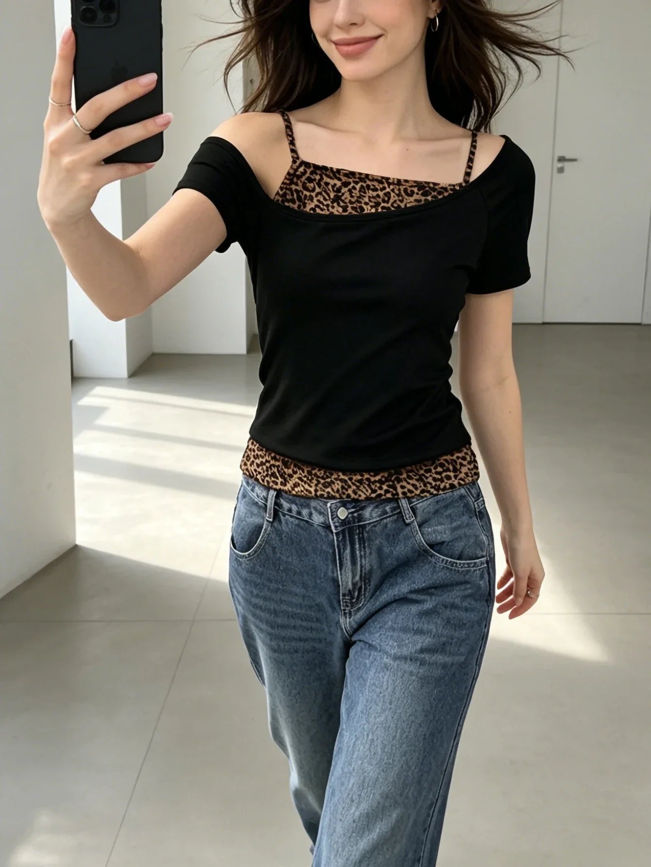 Leopard Print Asymmetric Fake Two Piece Crop T Shirt
