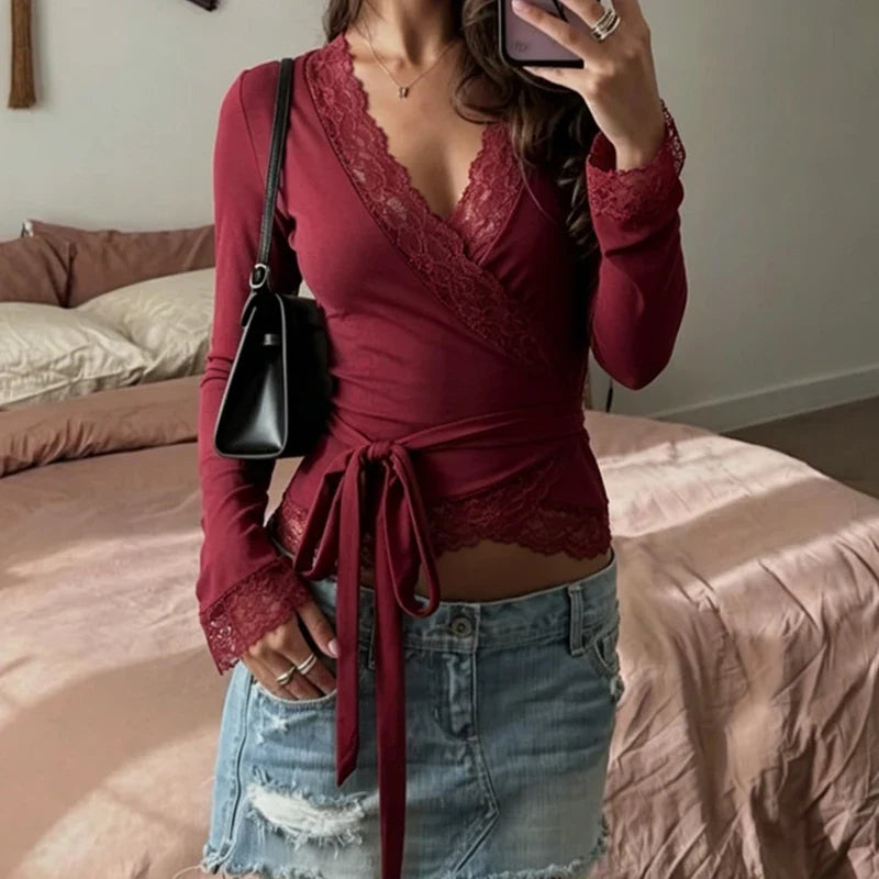 Lace Trim Wrap V Neck T-shirt