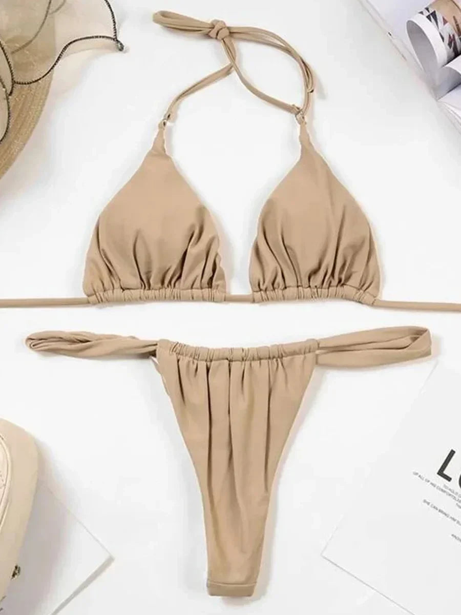 Wrinkled High Cut Mini Micro Thong Bikini