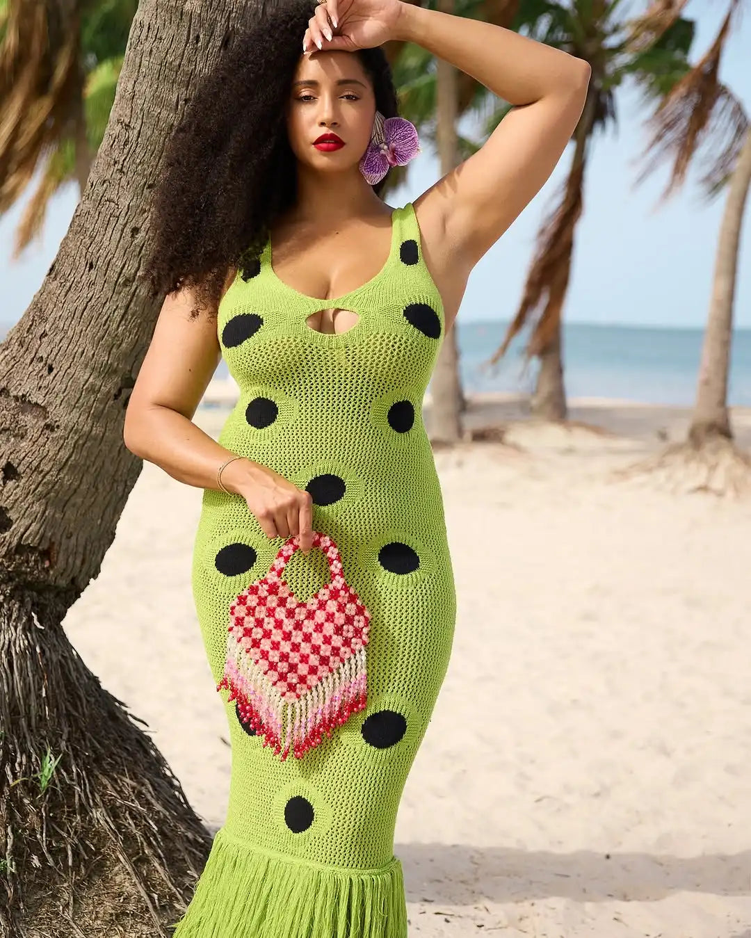 Green Hollow Knitted Tassel Dress