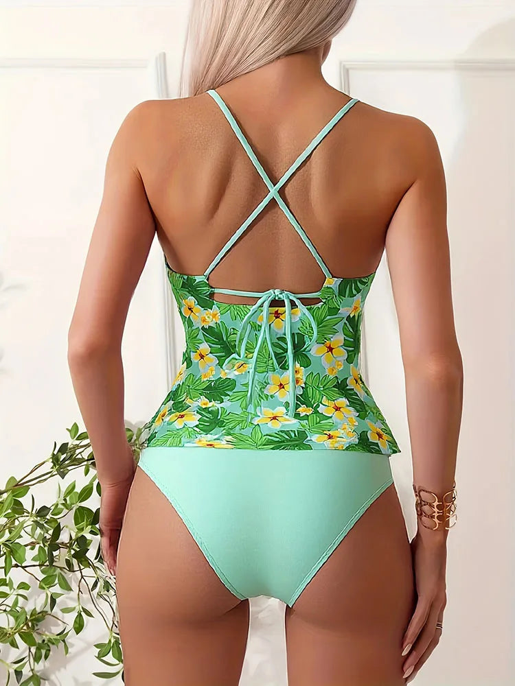 Vintage Green Floral Print Swimwear Women Hollow Out Dress High Waist Panties 2 Piece Swimsuit