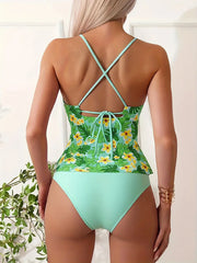 Vintage Green Floral Print Swimwear Women Hollow Out Dress High Waist Panties 2 Piece Swimsuit