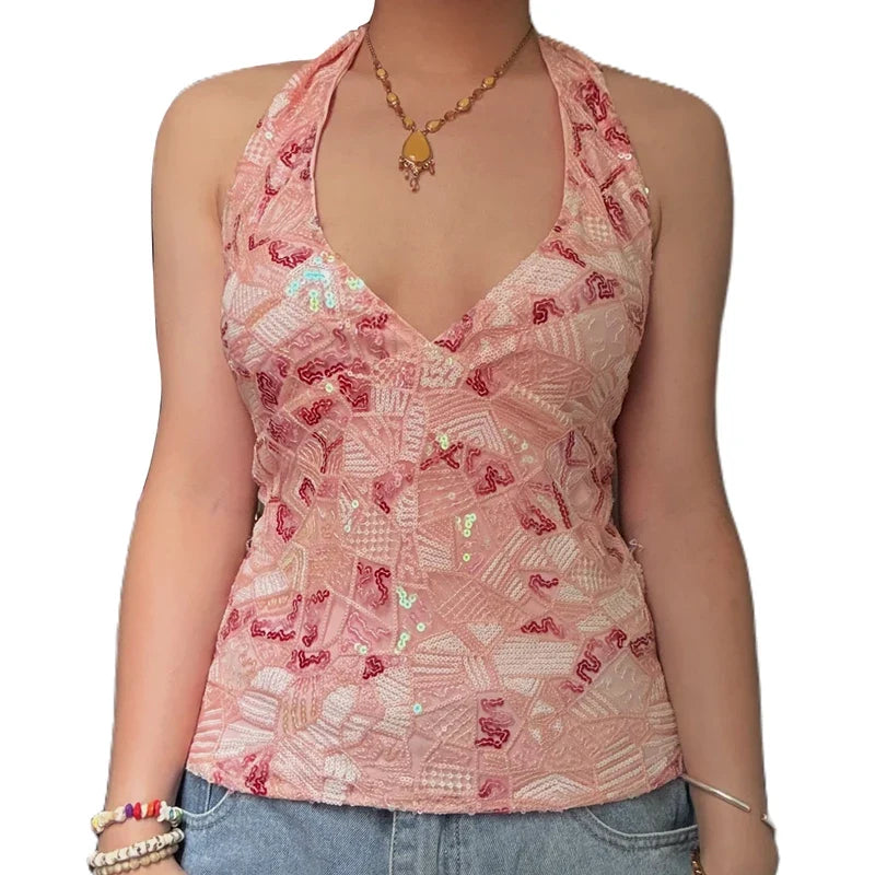 Sequin Beaded Halter Crop Top