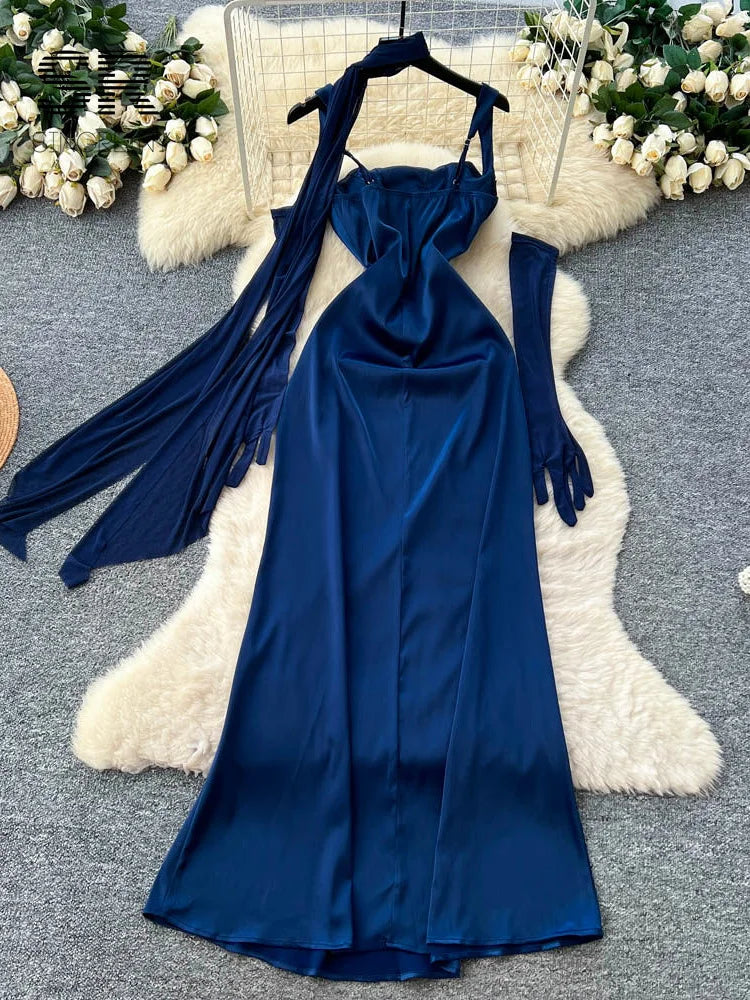 Sexy Satin Party Dresse With Mesh Oversleeve Ribbons Solid Slim 1950s Chic Feminine Flapper Sensual Sling Long Dresses