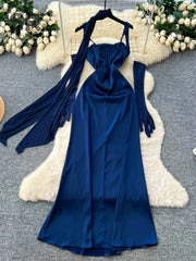 Sexy Satin Party Dresse With Mesh Oversleeve Ribbons Solid Slim 1950s Chic Feminine Flapper Sensual Sling Long Dresses