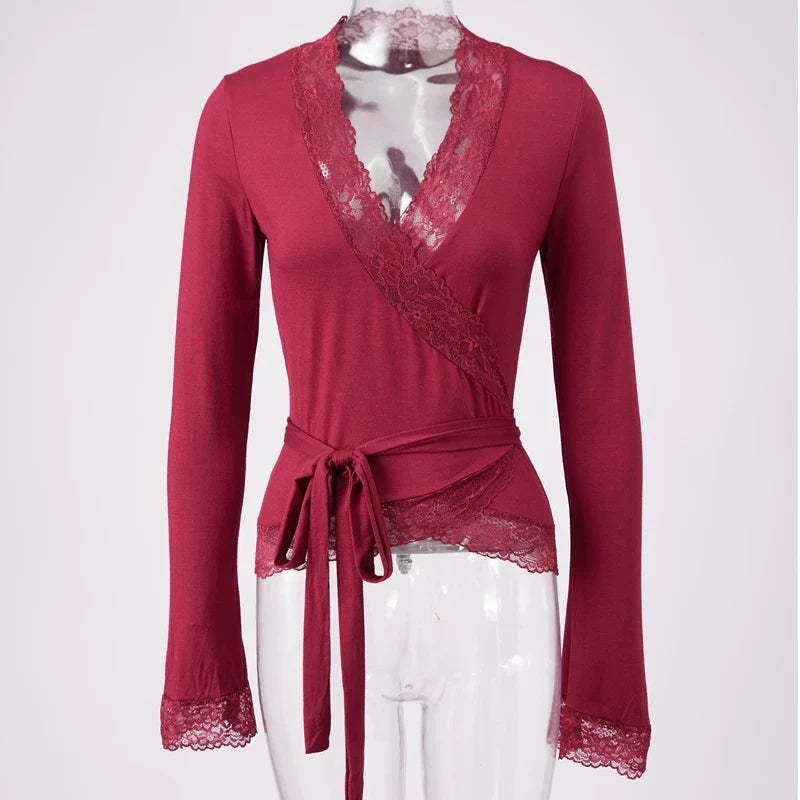 Lace Trim Wrap V Neck T-shirt
