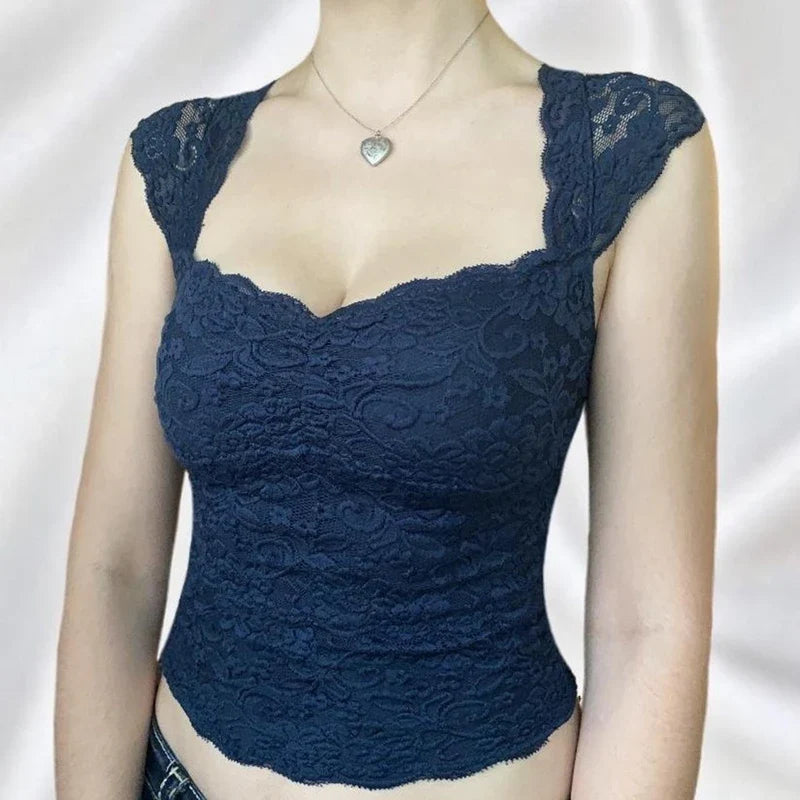 Y2K Fairycore Blue Floral Lace Milkmaid Tank Tops