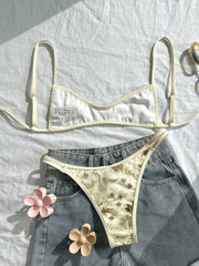 Beige Floral Embroidery Pleate Push Up Hollow Out Thong Swimsuit