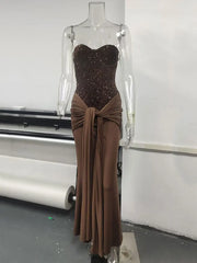 Elegant Strapless Sequin Sleeveless Maxi Dress