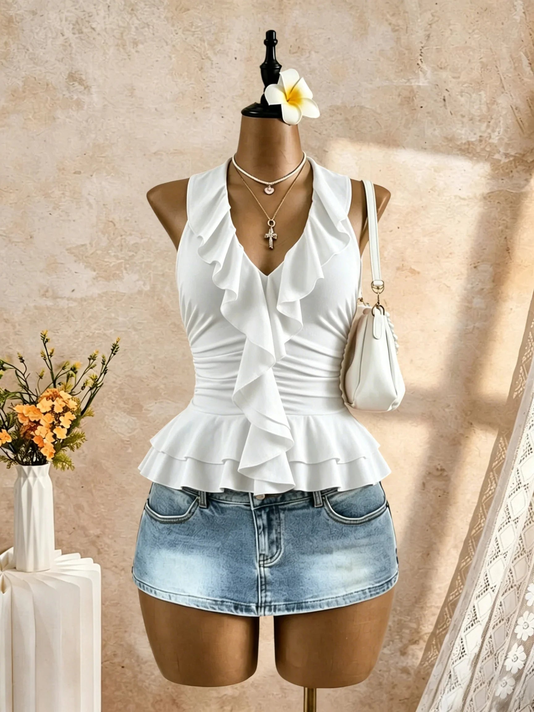 Halter V Neck Ruffle Trim Ruched Waist Peplum Hem Slim Fit Crop Cami Top