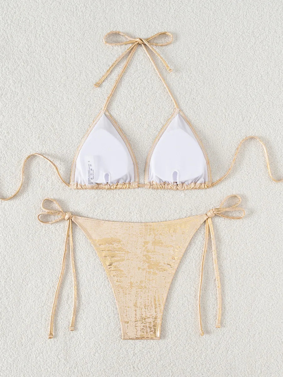 Shiny Glitter Halter Strappy Bikini