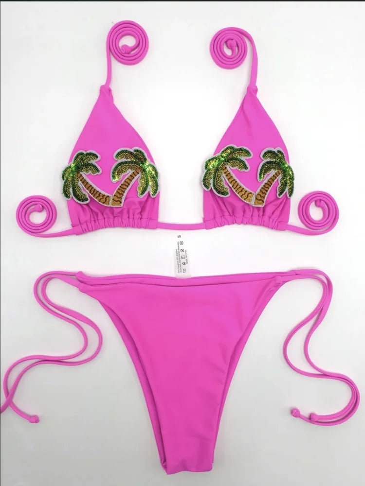 Sexy Sequin Coconut Tree Bikini Set