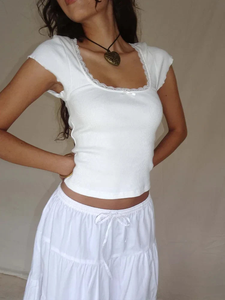 Square Neck Short Sleeve Tee Shirt White Milkmaid Crop Top