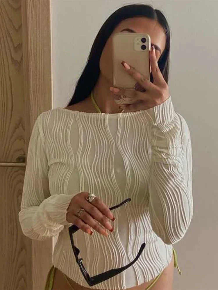 Casual Ruched Long Sleeve T-shirt Blouses Female White Skinny Cropped Bottoming Shirt Autumn Y2K Top