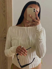 Casual Ruched Long Sleeve T-shirt Blouses Female White Skinny Cropped Bottoming Shirt Autumn Y2K Top
