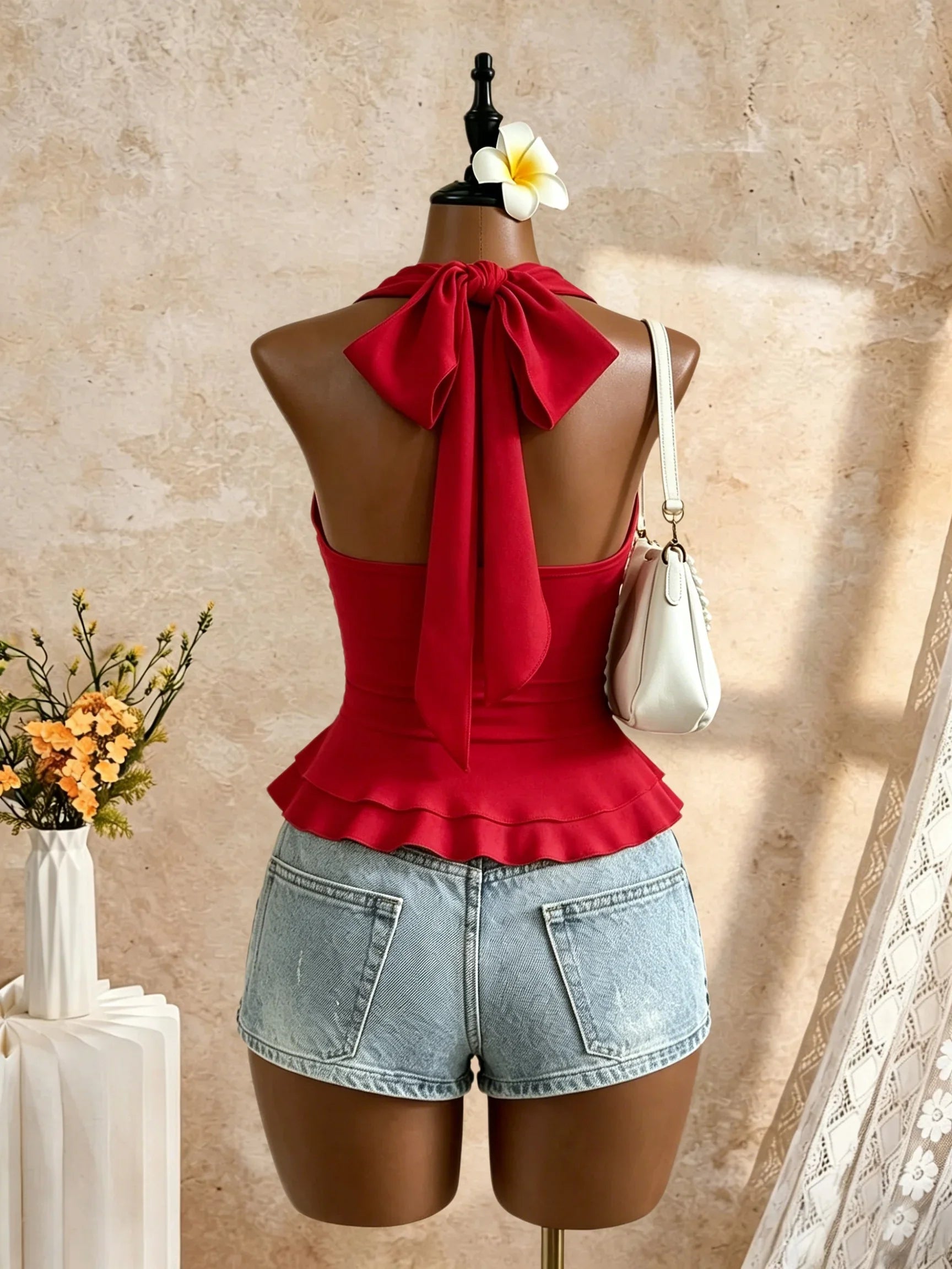 Halter V Neck Ruffle Trim Ruched Waist Peplum Hem Slim Fit Crop Cami Top