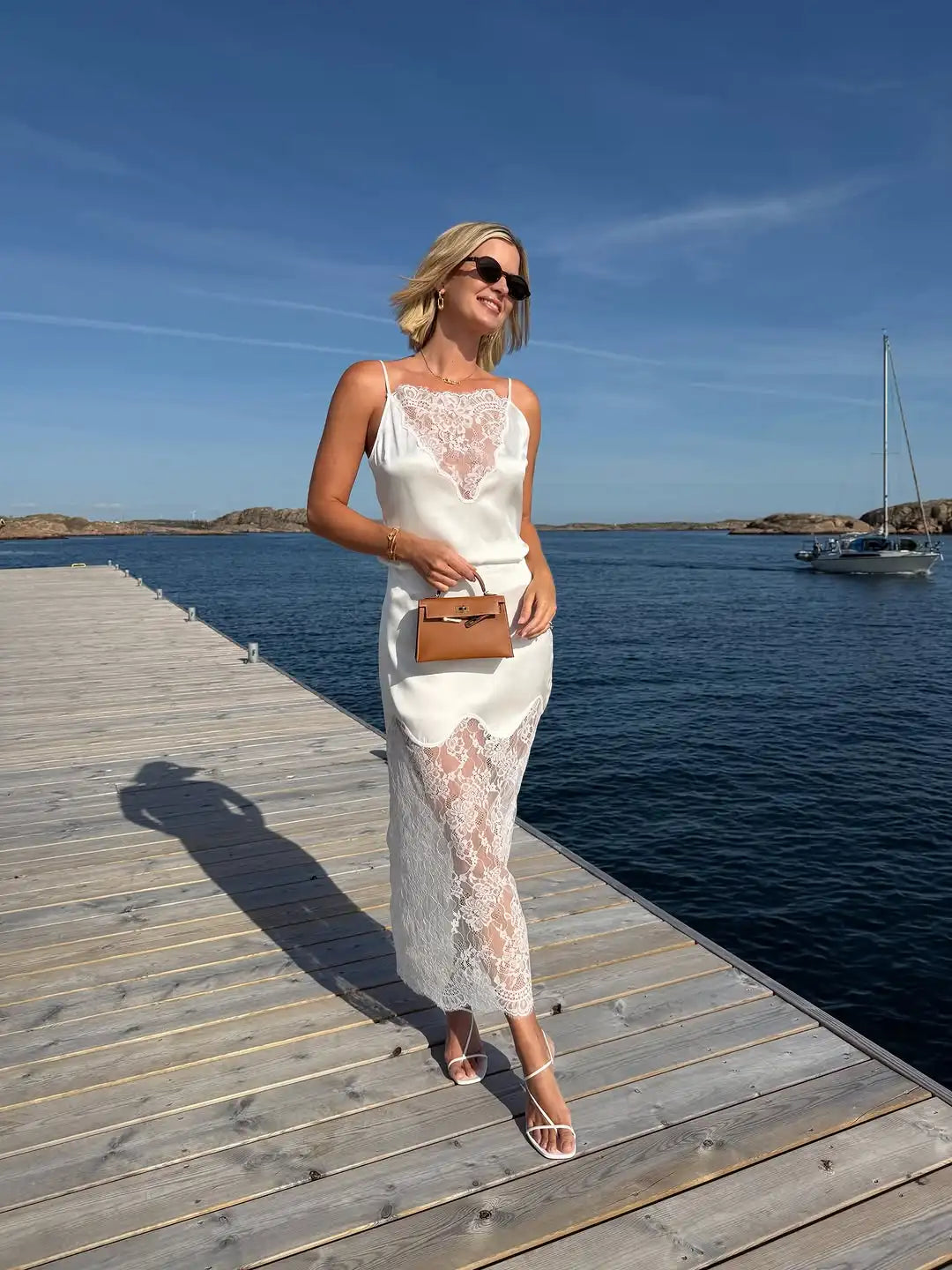 White Satin Lace Patchwork Medium Length Camisole Skirt Shoulder Straps Transparent Lace Hem Elegant Seaside Vacation Long Skirt